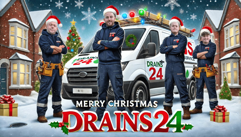 DALL·E 2024 12 23 16.41.43 A high resolution festive Christmas greeting image featuring four workers in front of a drainage service van e1743667625606