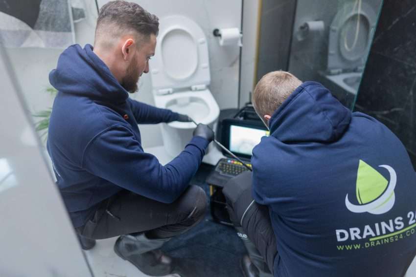 Salisbury Drains24 engineer performing an emergency drain unblocking at a residential property with high-pressure jetting equipment