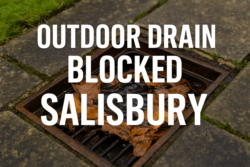 Outdoor drain in a Salisbury garden overflowing with water and leaves, showing signs of a recurring blockage.