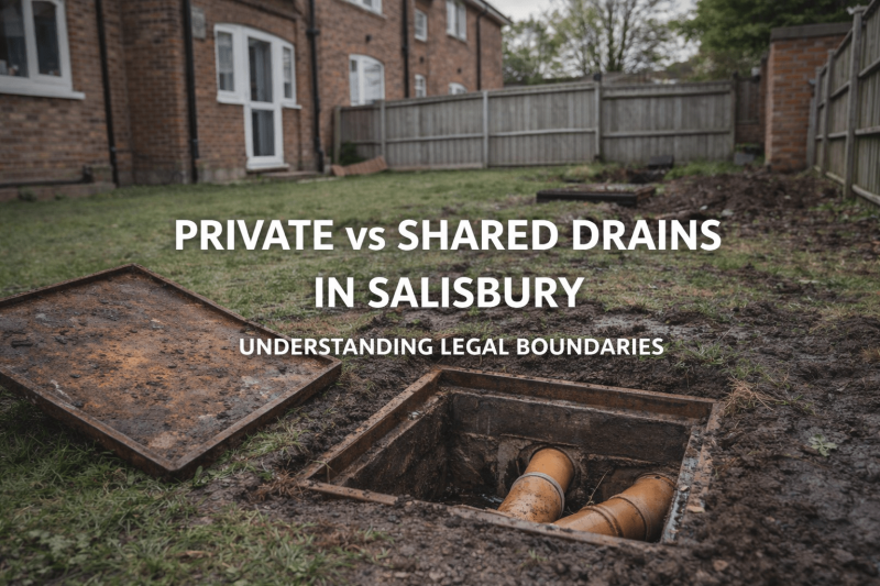 Drain inspection chamber showing private and shared drainage pipes outside homes in Salisbury, explaining legal responsibility for blocked drains