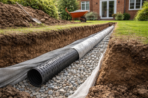 French drain installation in Salisbury garden showing perforated land drain pipe laid in gravel trench wrapped in geotextile membrane