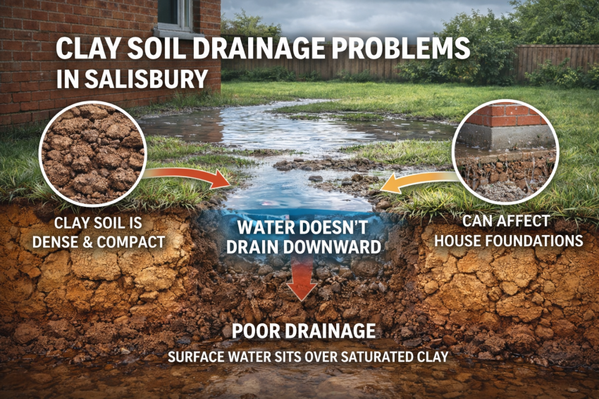 Cutaway illustration of waterlogged clay soil in a Salisbury garden showing poor drainage conditions.