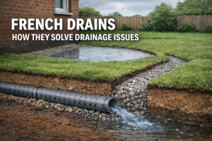 Cutaway illustration of a French drain system in a Salisbury garden showing warning signs of surface water buildup.