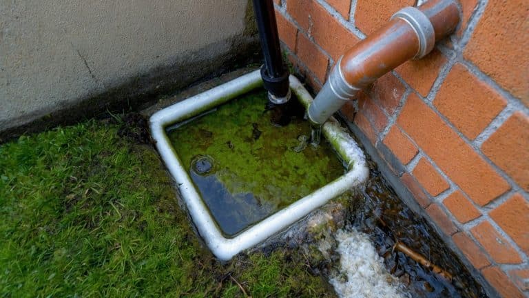 Blocked outdoor drain in Salisbury with water slowly rising showing recurring drainage problem