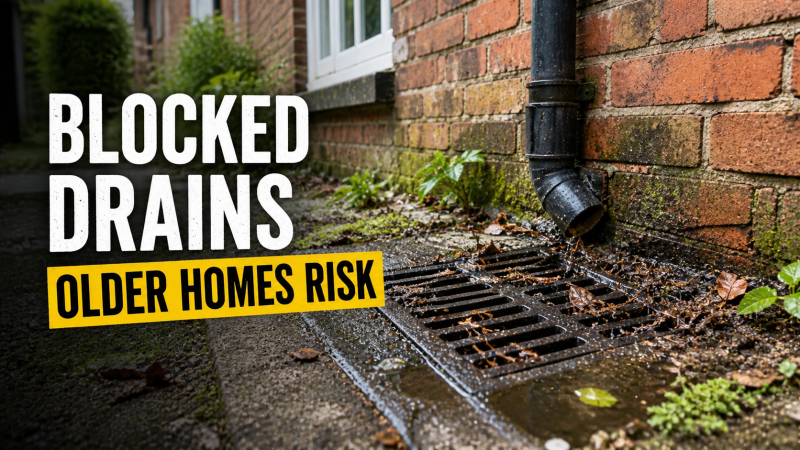 Blocked outdoor drain in Amesbury near older home showing early signs of drainage buildup