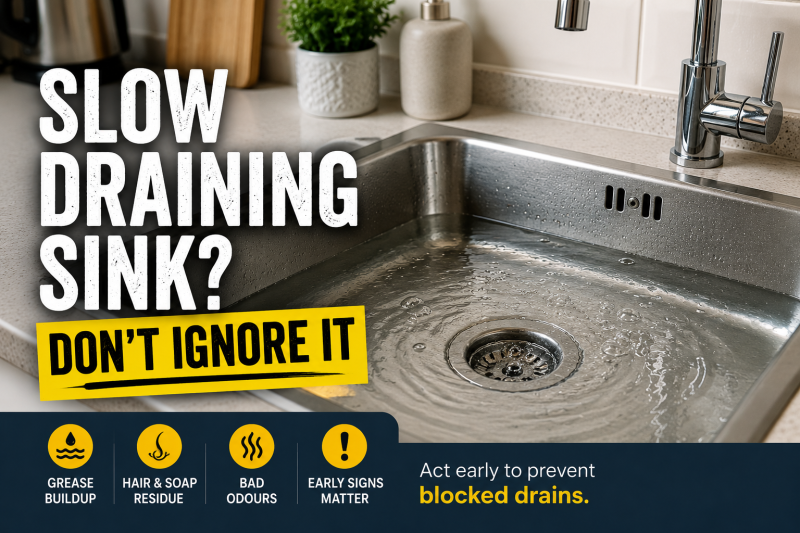 Slow draining kitchen sink in Salisbury showing early signs of drainage blockage