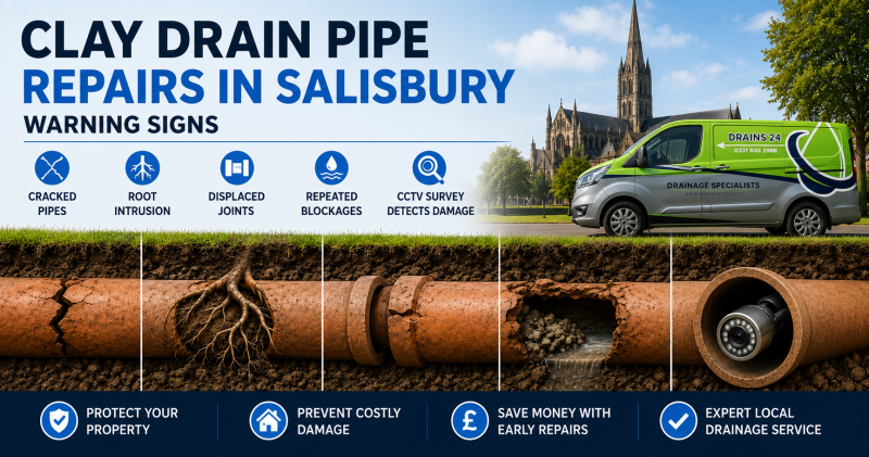 Infographic showing clay drain pipe repairs in Salisbury, including cracked pipes, root intrusion, displaced joints, repeated blockages and CCTV survey detection.