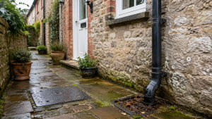 Older Salisbury cottage exterior with a small courtyard, damp paving, inspection chamber and narrow drainage access.