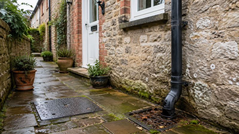 Older Salisbury cottage exterior with a small courtyard, damp paving, inspection chamber and narrow drainage access.