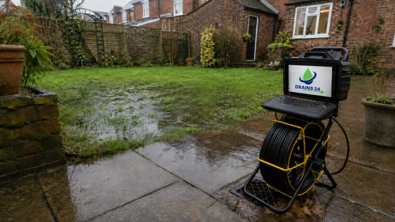 Salisbury garden with standing water, damp paving, a surface water gully and drainage equipment showing soakaway problems after heavy rain.