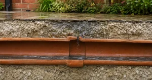 Groundwater seeping into an older clay drain through a damaged joint beneath a Salisbury garden.