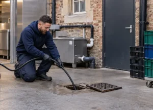 Drainage engineer clearing a blocked commercial kitchen drain at a restaurant in Salisbury.