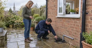 Drainage engineer and homeowner checking an outside gully for a drain smell at a traditional Salisbury home.
